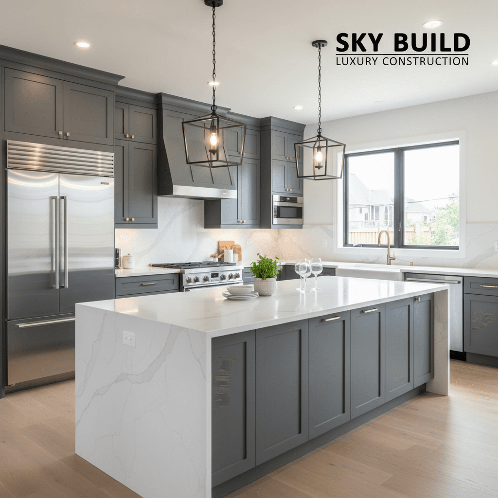 Modern kitchen renovation in progress showing newly installed stainless steel appliances and open shelving