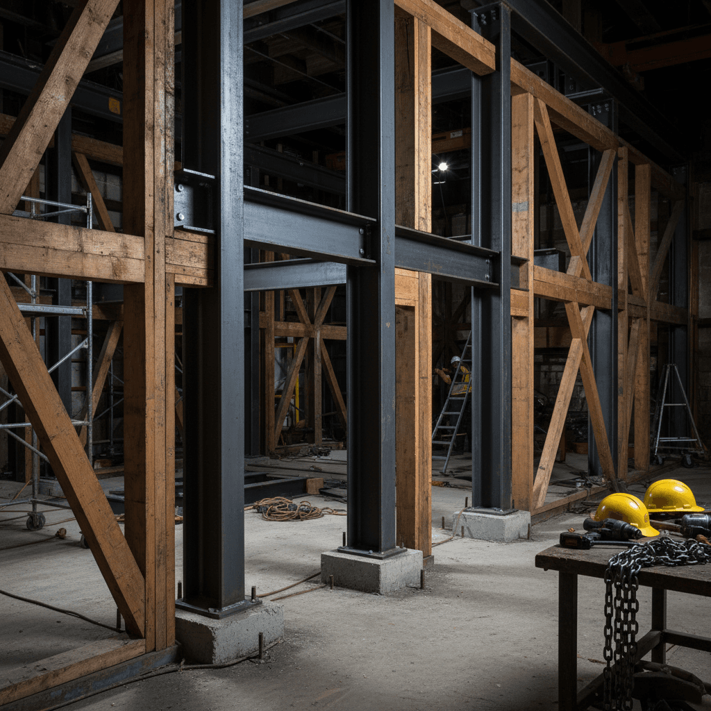 Steel reinforcement beams and joist hangers installed in a residential structural renovation project