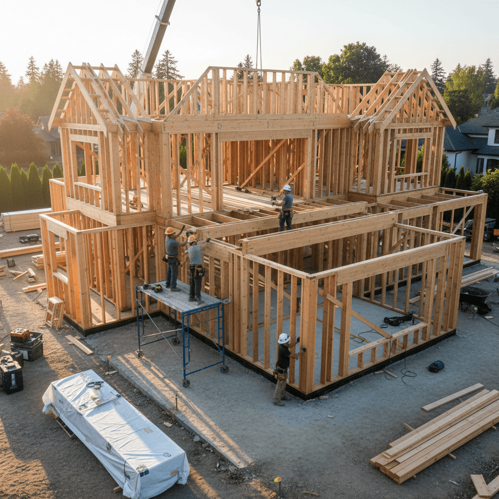 Active residential construction site showing completed framing structure ready for insulation and drywall
