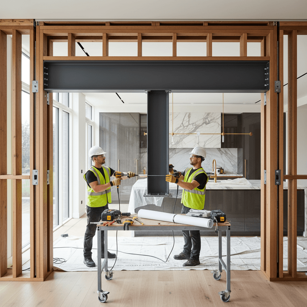 Load-bearing wall modification with steel beam support installed during a luxury home renovation