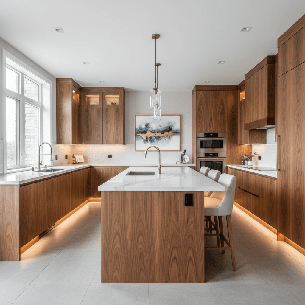 Luxury custom kitchen cabinetry with wood grain finish and integrated lighting in a Toronto home renovation