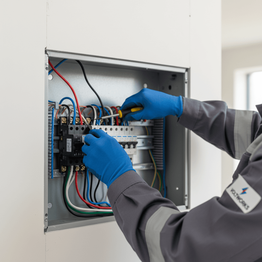 Electrician's hands installing wiring in modern circuit breaker panel with color-coded connections and precision tools