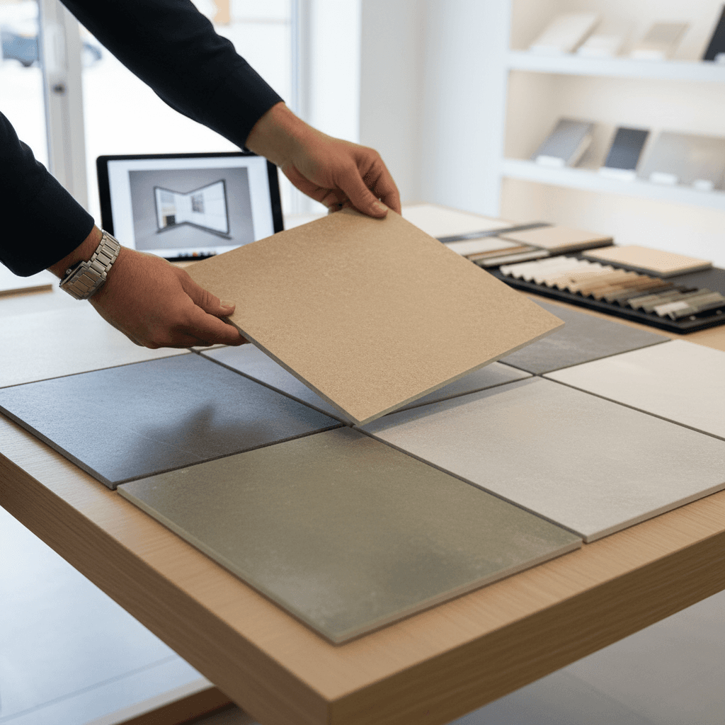 Architect examining premium porcelain tile samples in showroom with natural light illuminating surface finishes