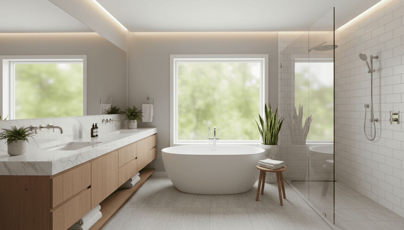 Completed luxury bathroom renovation featuring freestanding tub, custom vanity, and frameless shower with marble finishes and natural light