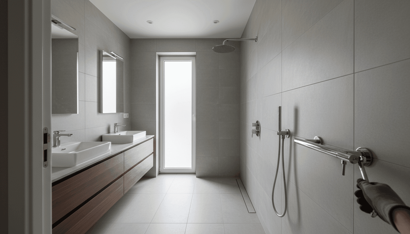 Modern bathroom with newly installed rainfall showerhead and chrome fixtures, showcasing professional plumbing renovation work