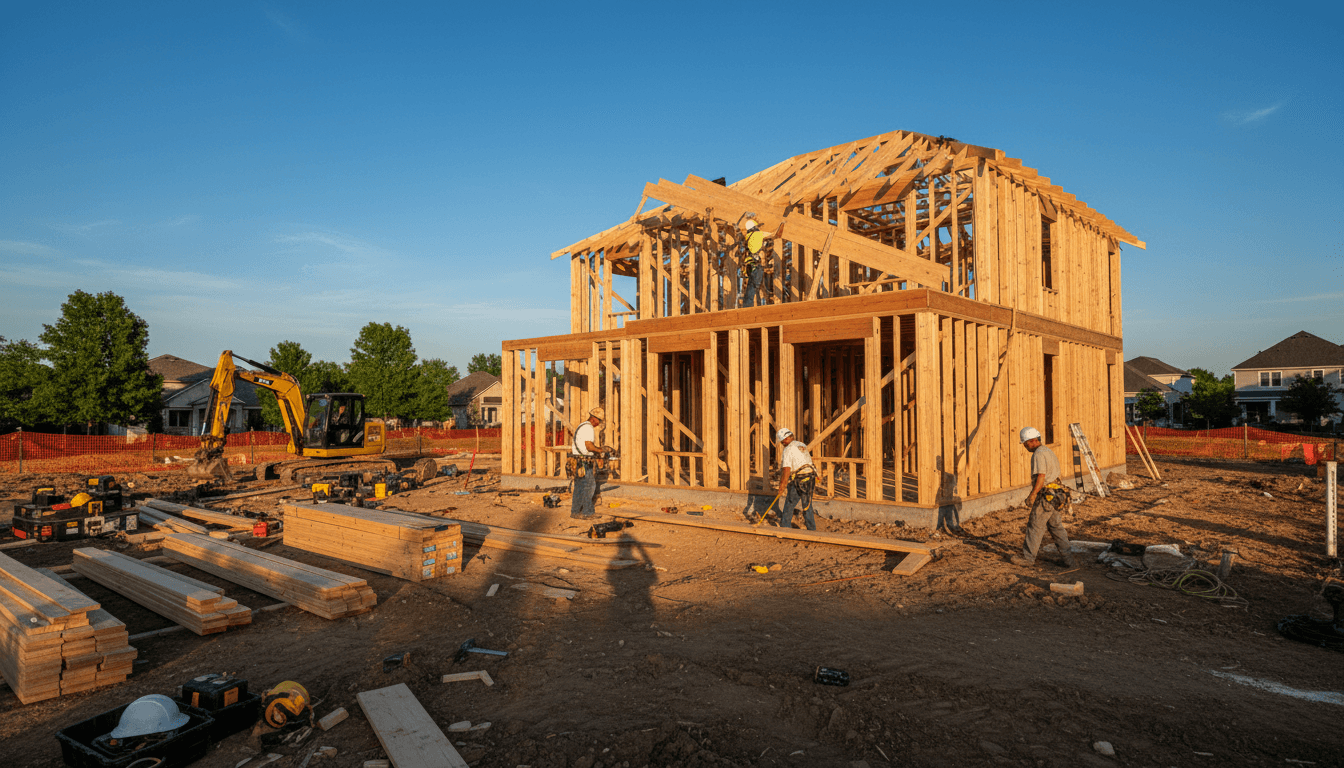 Construction crew framing two-story residential home during golden hour with visible project progress and building materials
