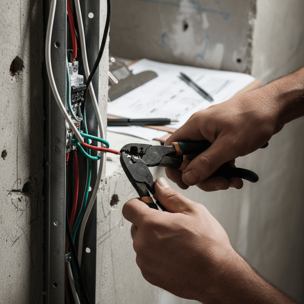 Licensed electrician and plumber installing wiring and pipes inside walls during renovation