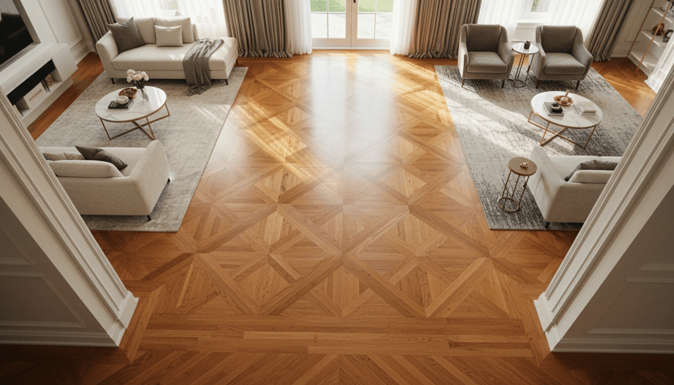 Overhead view of finished hardwood flooring in bright residential living room with warm wood tones and polished surface