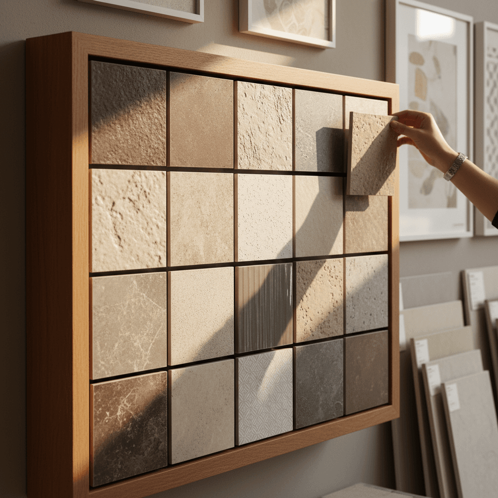Designer's hand selecting premium ceramic tile samples from organized showroom display with varied finishes and colors