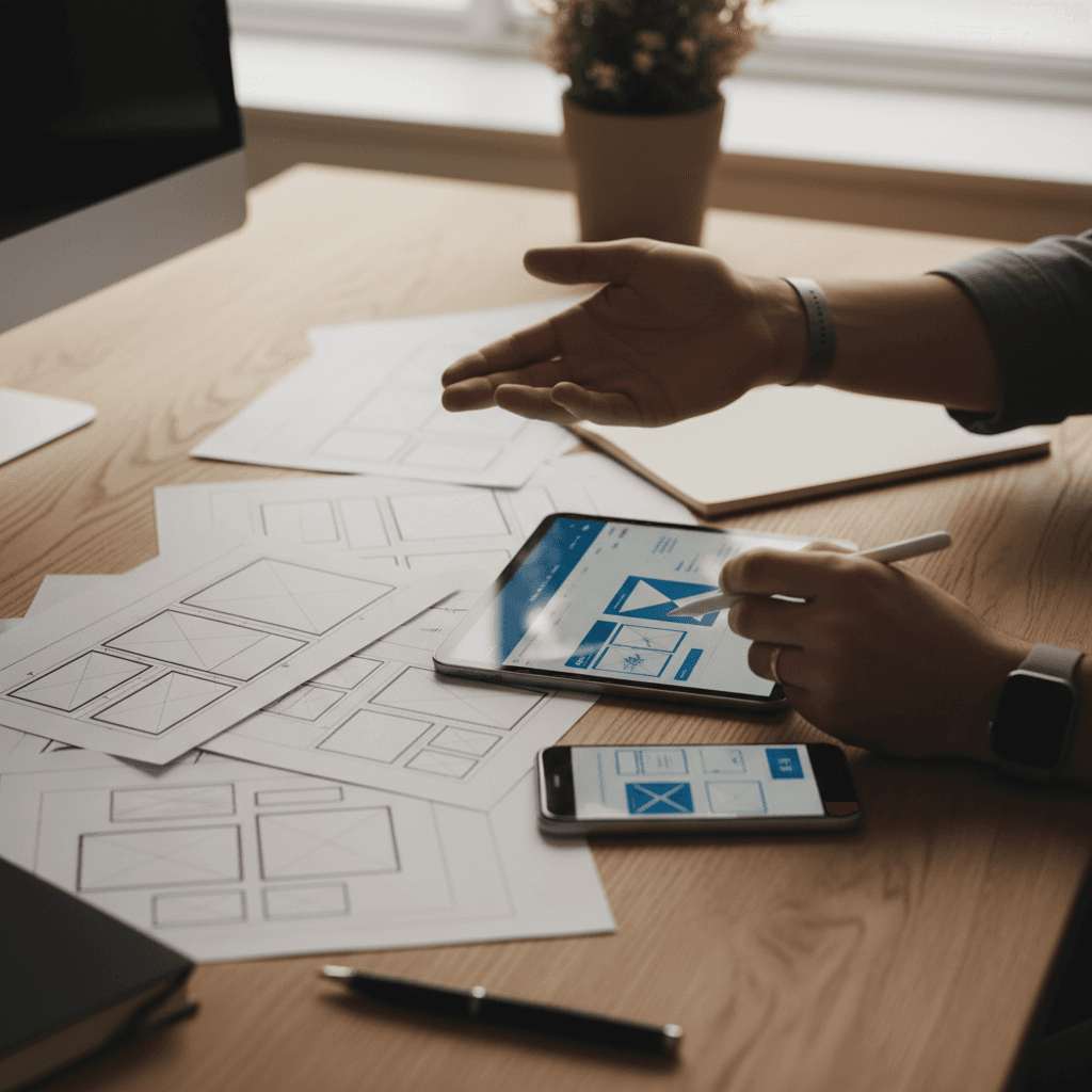 Designer's hands demonstrating website wireframes and mobile mockups on wooden desk with sketches and digital devices