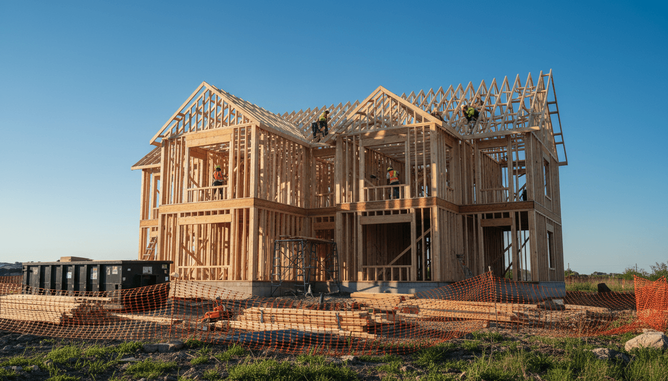 Residential house framing stage with wooden structure, workers on scaffolding, and materials staged on construction lot