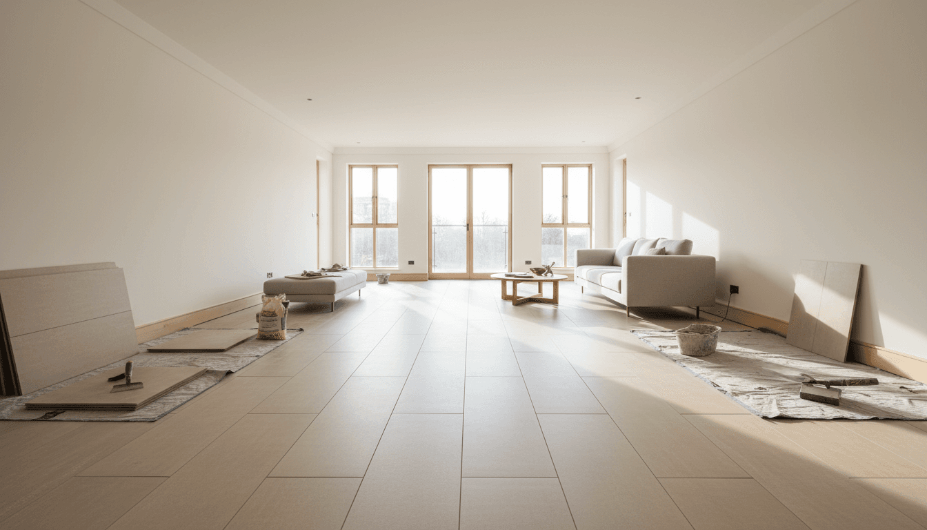 Modern living room with newly installed large-format porcelain tiles in warm neutral tones