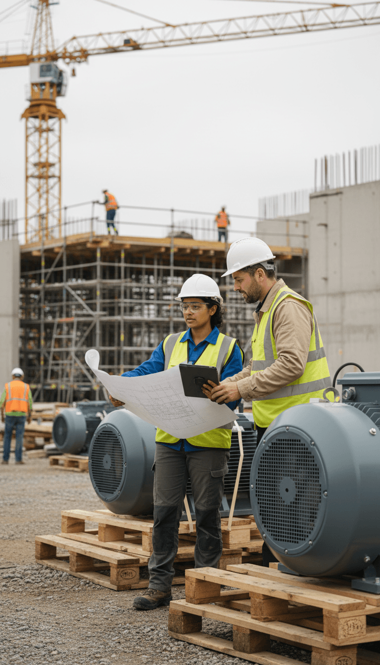 Two professionals reviewing equipment specifications and blueprints at an active construction site with machinery and safety gear visible
