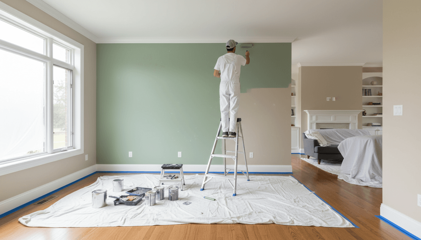 Painter on ladder applying sage green paint to interior accent wall with organized supplies and protective coverings