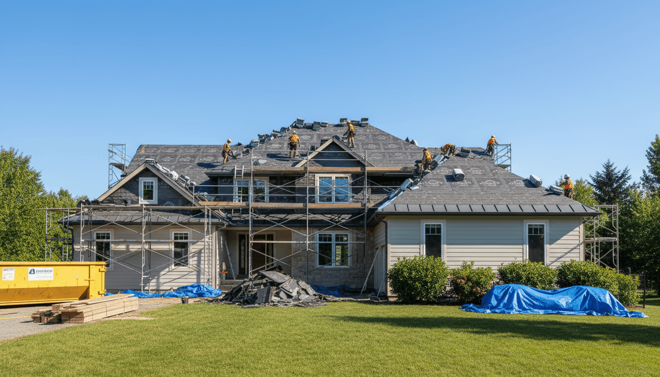 Residential home with multiple roofers in safety gear installing new roof while scaffolding surrounds the structure