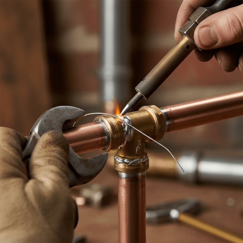 Licensed plumber soldering copper pipe joints in a residential plumbing renovation