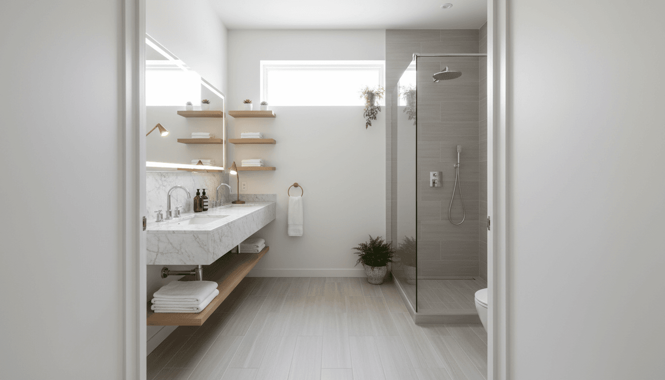 Fully renovated modern bathroom with frameless glass shower, marble tile, and designer fixtures in natural light
