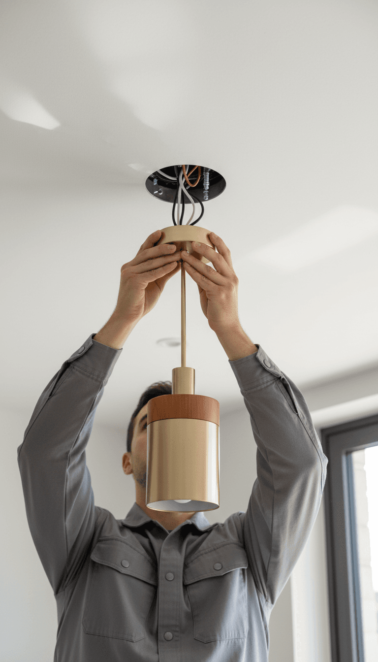 Electrician installing modern pendant light fixture into residential ceiling junction box