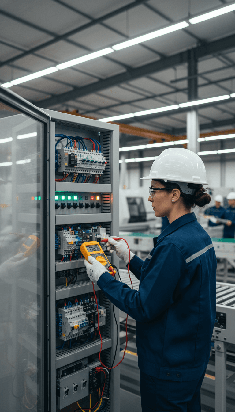 Electrician testing an industrial control panel with multimeter in a manufacturing facility