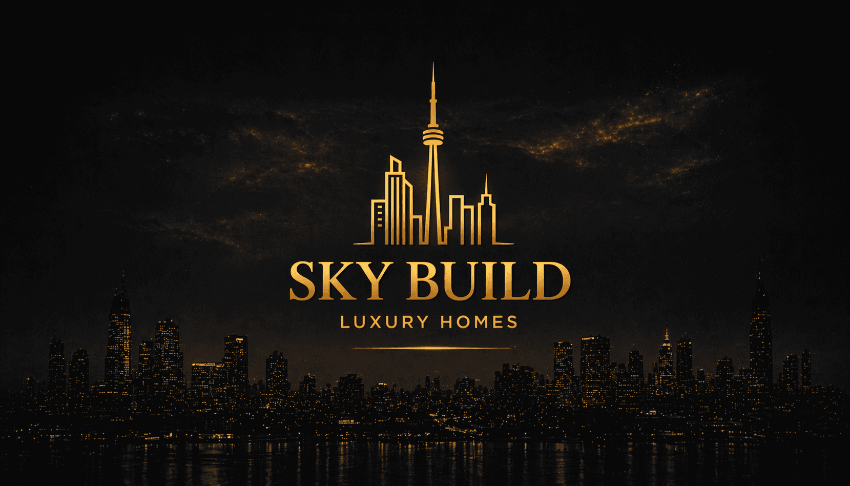 Gold Sky Build Luxury Homes logo with a stylized skyline over a dark night cityscape.